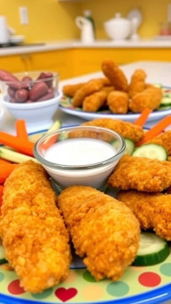 Crispy air fryer chicken tenders on a plate with dipping sauce and fresh vegetable sticks.